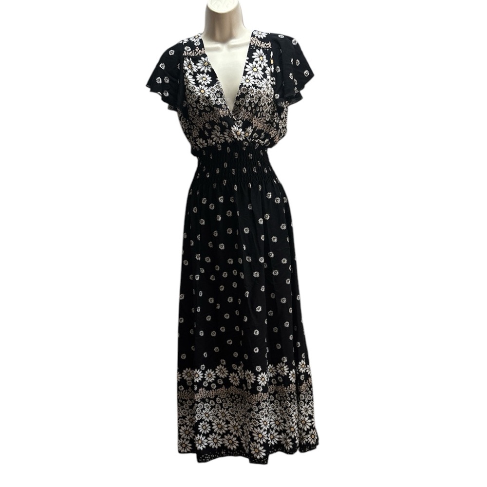 Kindred Women's Cap Sleeve Ruffle Black Floral Daisy Print Midi Dress Size S